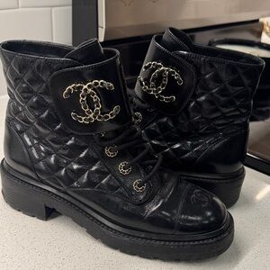 CHANEL Black Quilted Combat Boots comes with box and dust covers